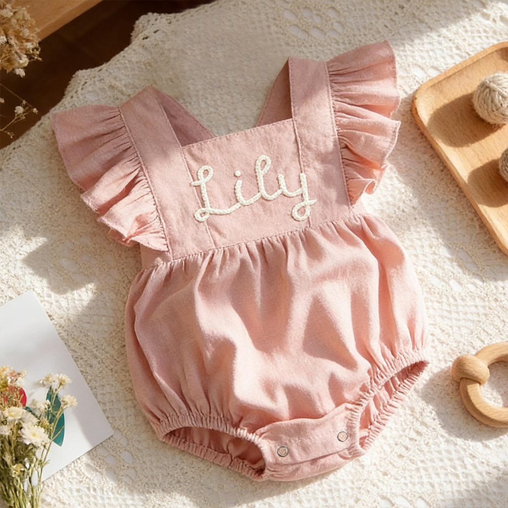Personalized Baby Gril Embroidered Linen Romper| BBcloth131