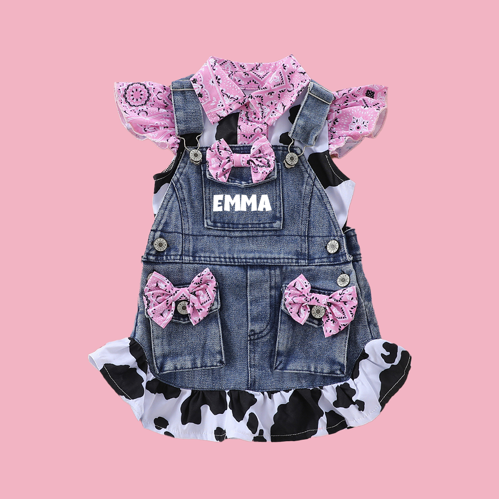 Personalized Baby Girl Cow Print Denim Overall Dress Set| BBcloth132