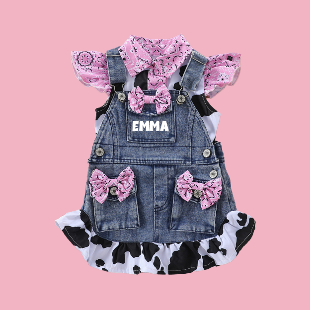 Personalized Baby Girl Cow Print Denim Overall Dress Set| BBcloth132