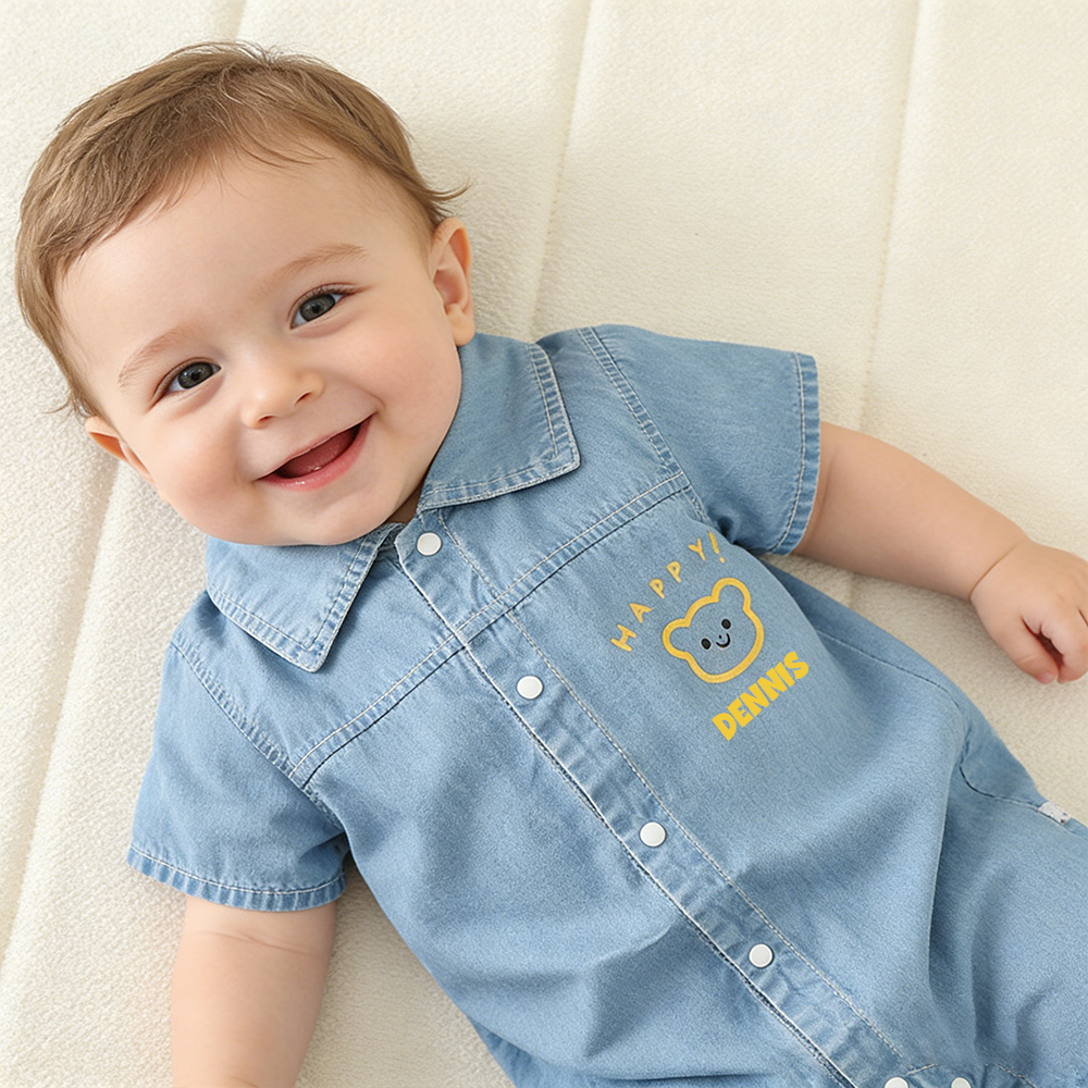 Personalized Baby Bear Print Denim Romper| BBcloth133