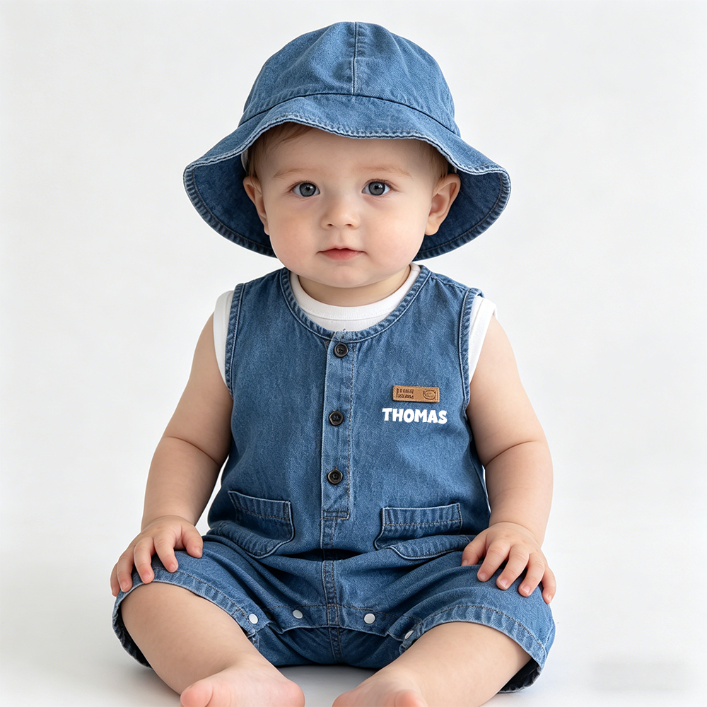 Personalized Baby Denim Jumpsuit & Sun Hat Set| Pants56