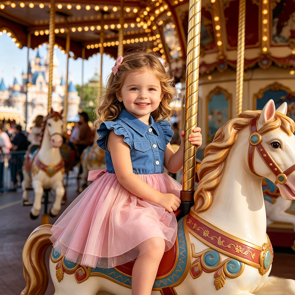 Personalized Girl Ruffle Sleeve Denim and Tulle Dress| Dress90