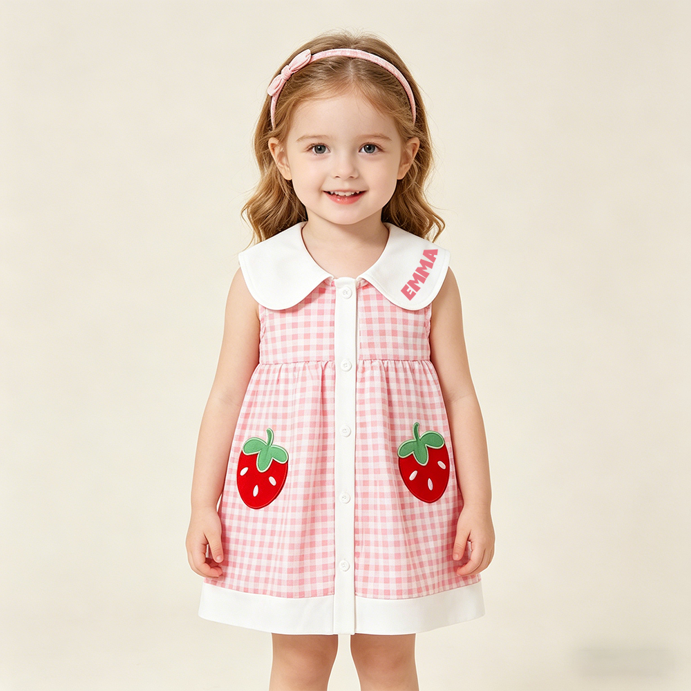 Personalized Girl Check Strawberry Sleeveless Summer Dress| Dress94