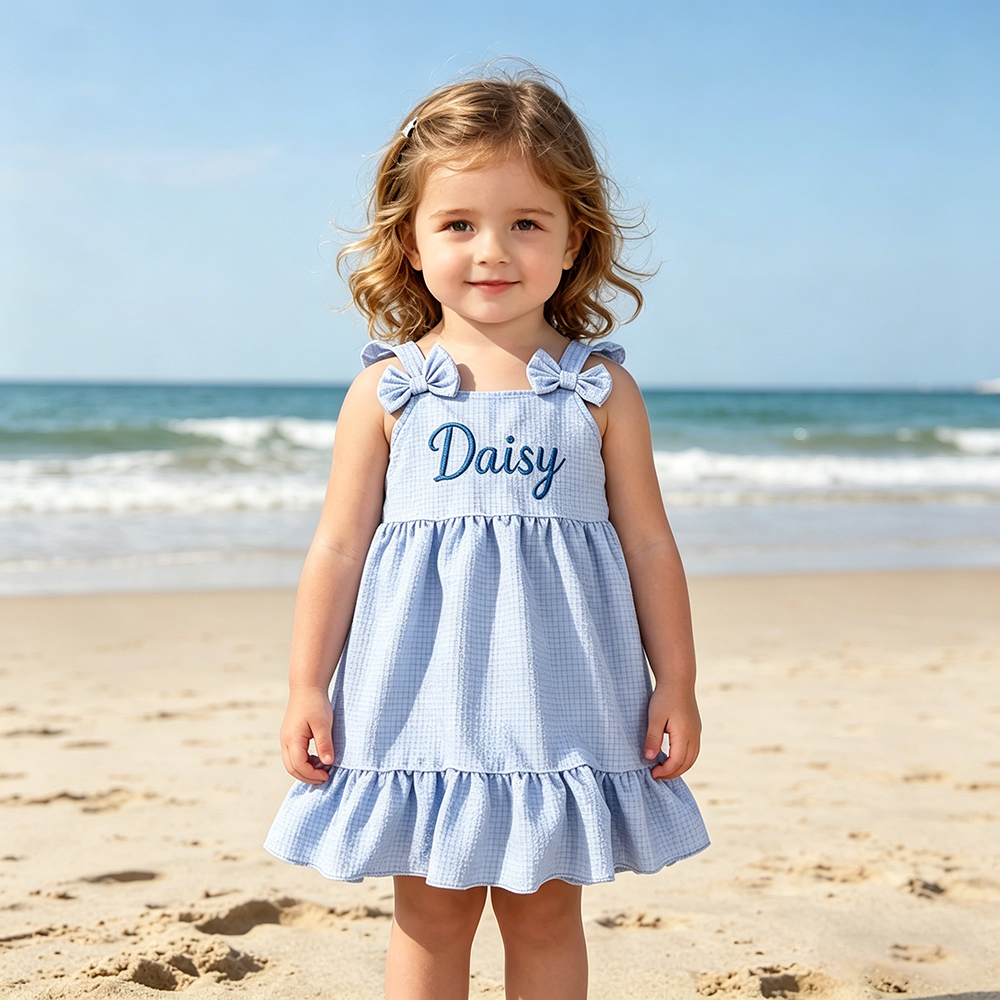 Personalized Girl Embroidered Name Bow Strap Dress| Dress99