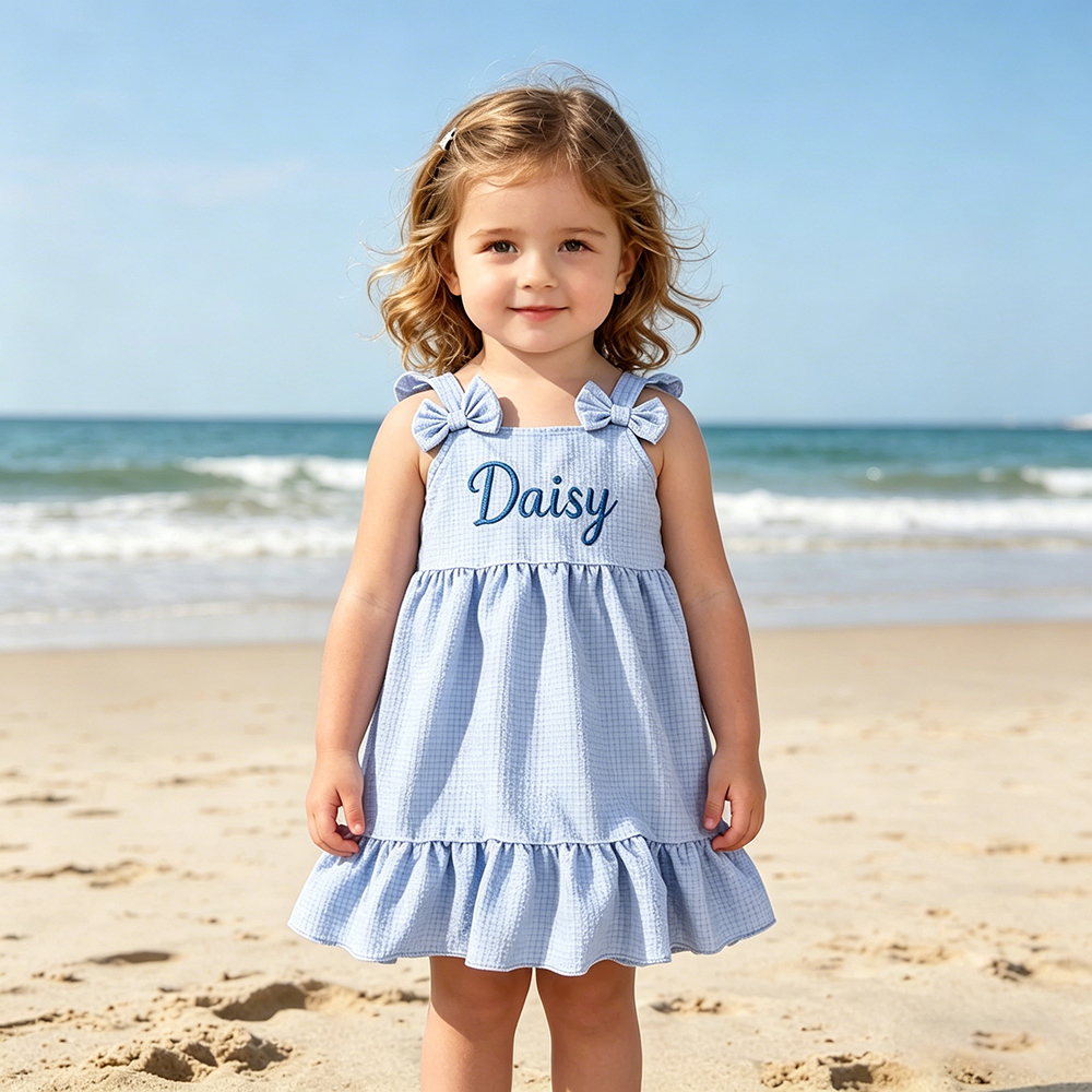Personalized Girl Embroidered Name Bow Strap Dress| Dress99