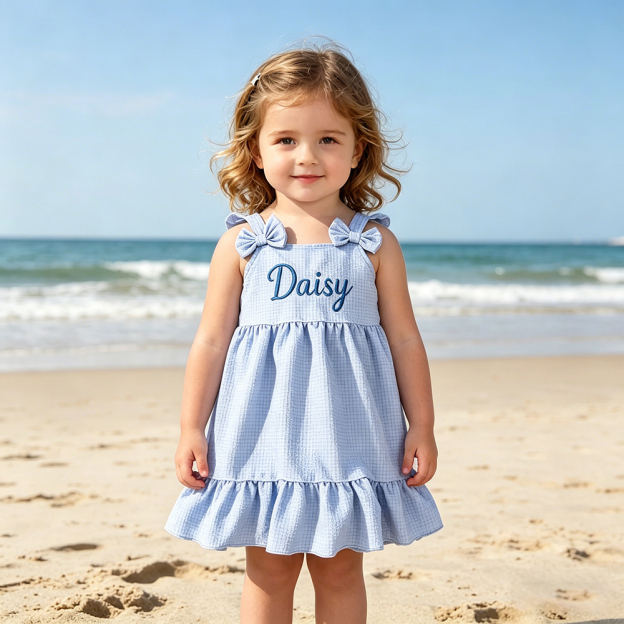 Personalized Girl Embroidered Name Bow Strap Dress| Dress99