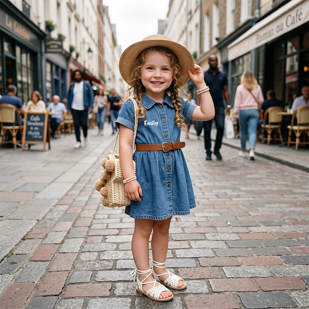 Personalized Girl Vintage Wash Denim Shirtdress with Brown Belt| Dress98