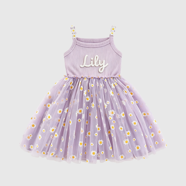 Personalized Girl Hand Knitted Rainbow Daisy Tutu Dress| Dress100