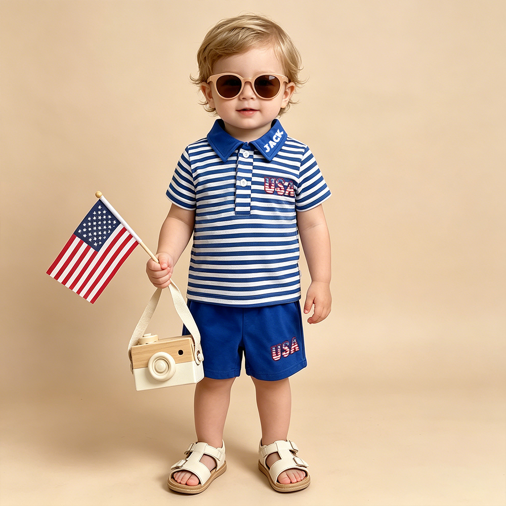 Personalized Boy 4th of July Boys' Striped Polo Outfit| cloth282