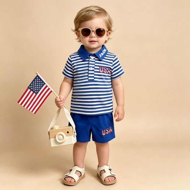Personalized Boy 4th of July Boys' Striped Polo Outfit| cloth282