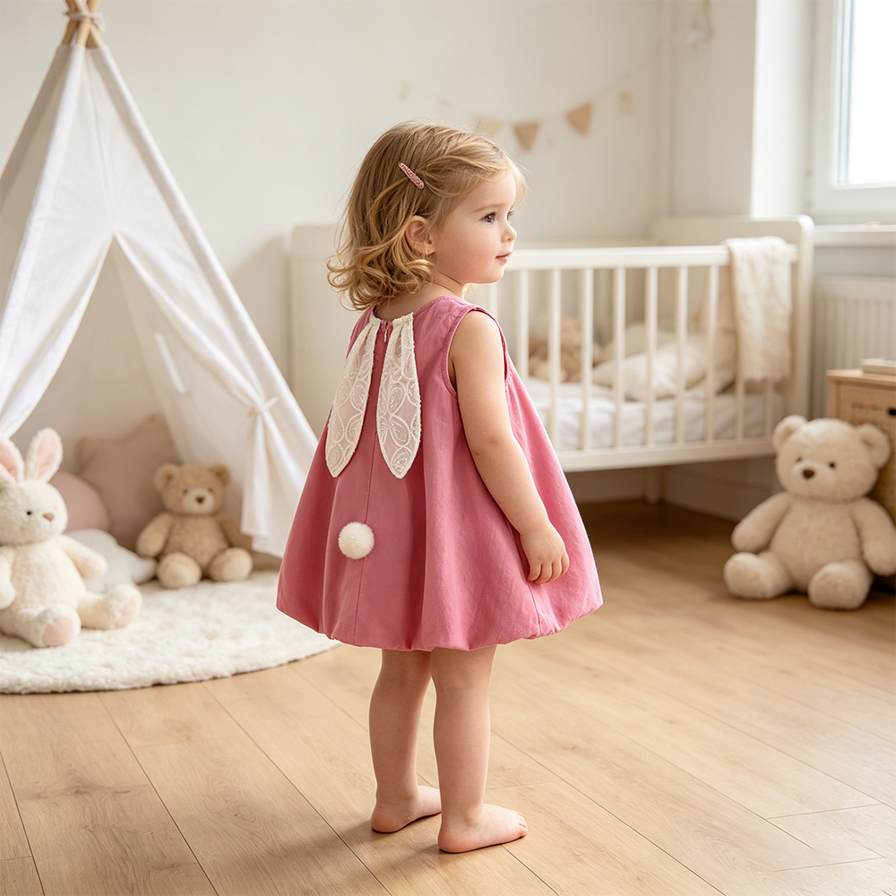 Personalized Girl Pink Sleeveless Bunny Ears Dress| Dress103