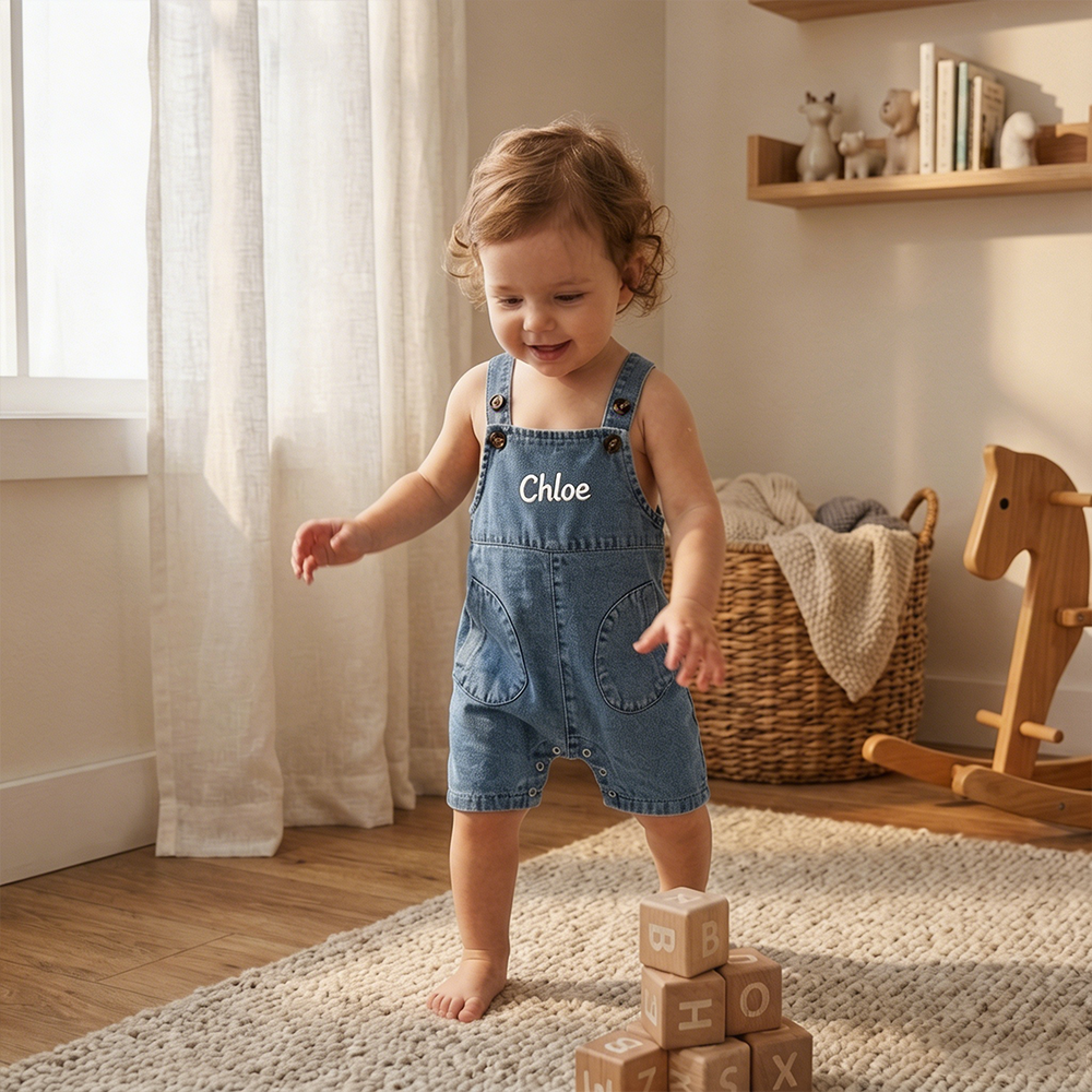 Personalized Baby Embroidered Denim Overalls| Pants58
