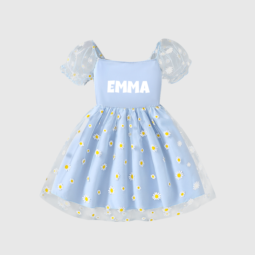 Personalized Girl Puff Sleeve Daisy Dress| Dress109