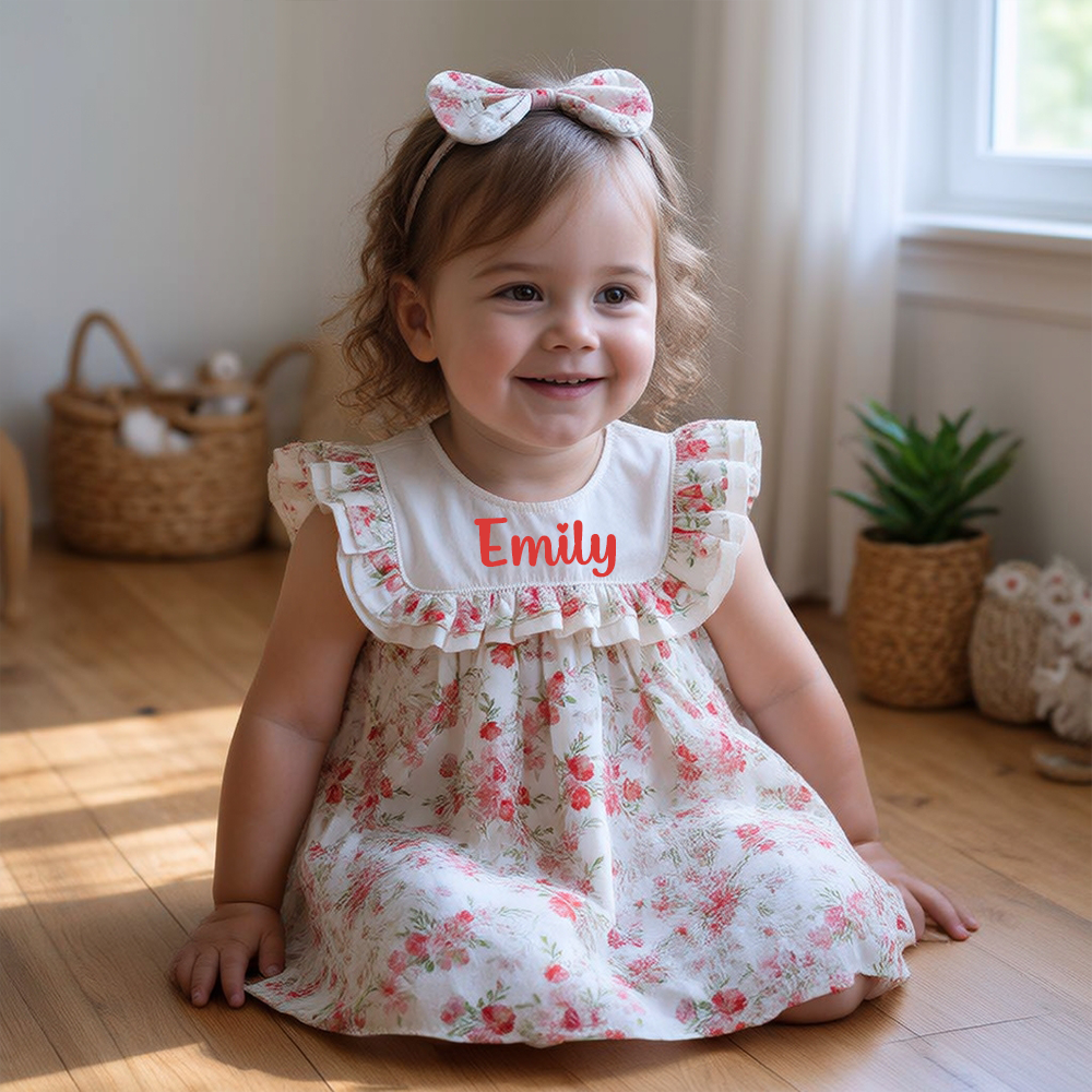 Personalized Girl's Floral Cotton Dress With Headband| Dress113