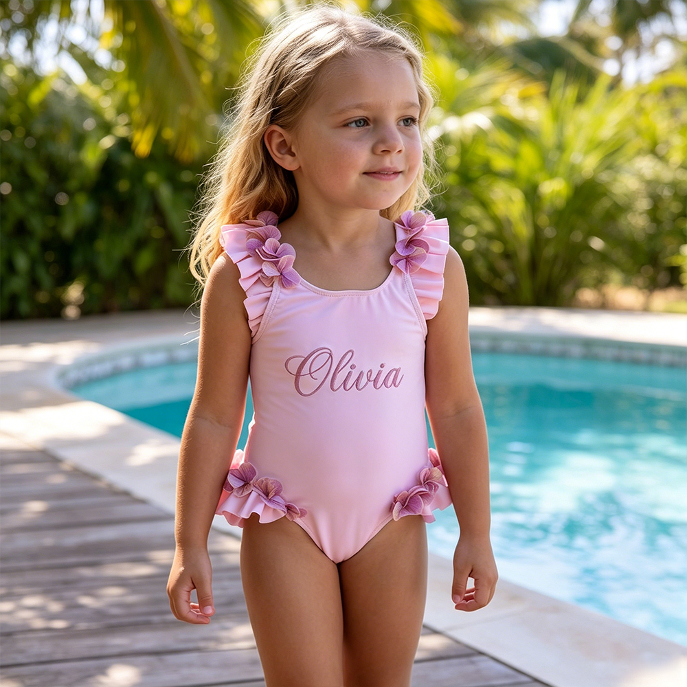 Personalized Girl Embroidered Pink Floral Ruffle One-Piece| Swimsuit08