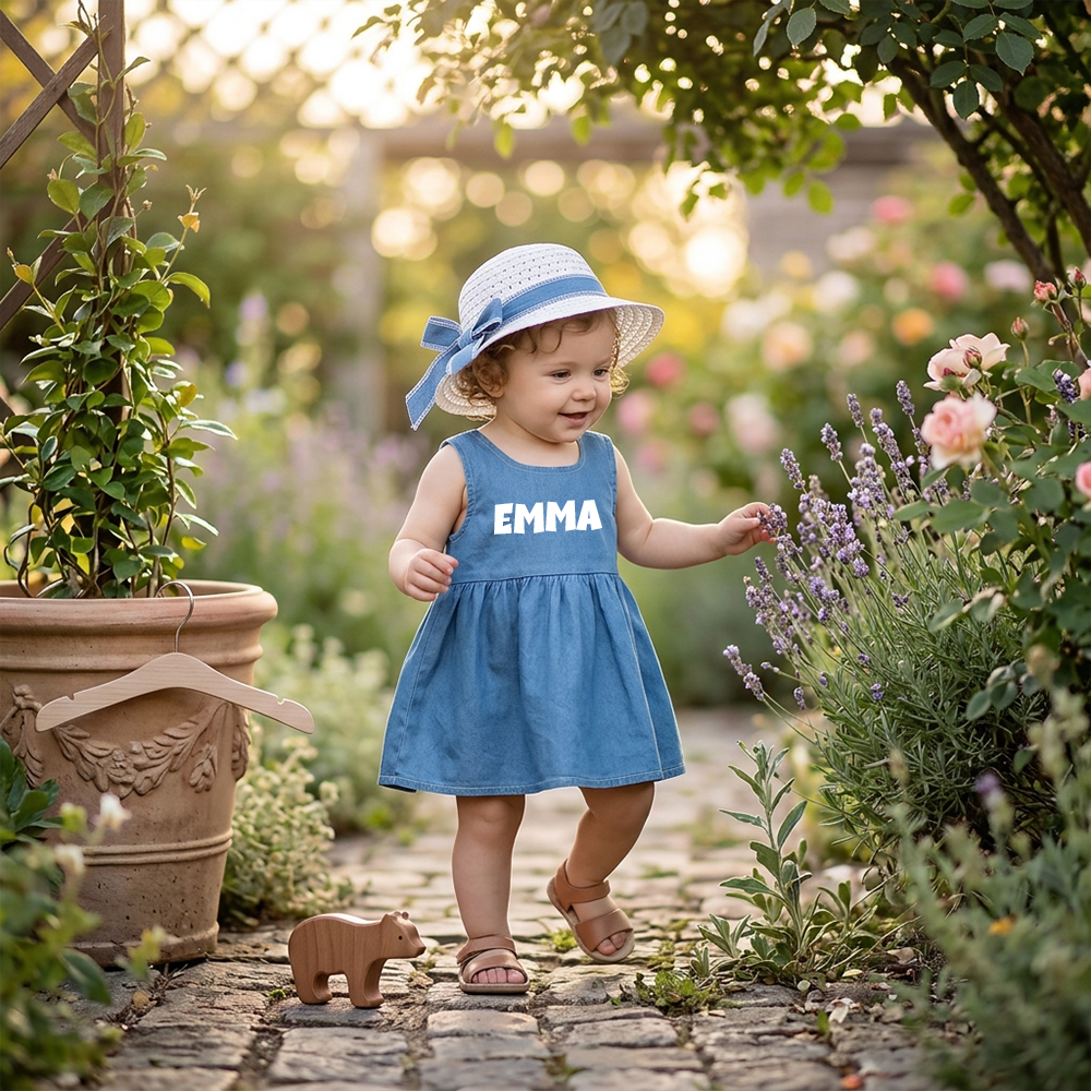 Personalized Girl Denim Dress with Straw Hat| Dress119