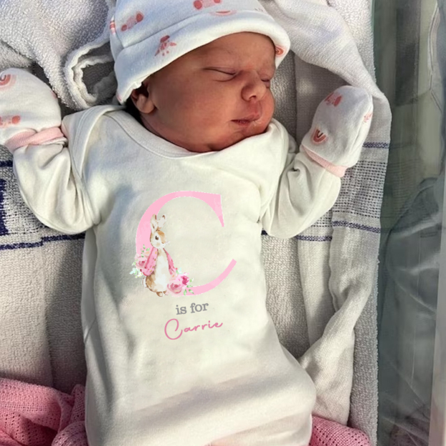 Personalized Pink Rabbit Initial Baby Sleepsuit| BBCloth08
