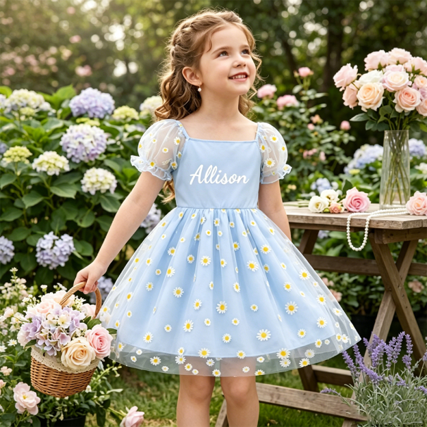 Personalized Girl Puff Sleeve Daisy Dress| Dress109