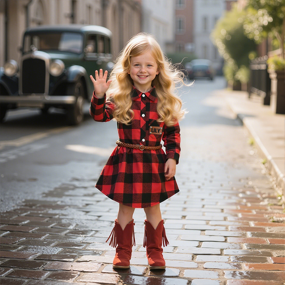 Personalized Girl Red Plaid Print Long Sleeves Shirt Dress With Belt| Cloth244