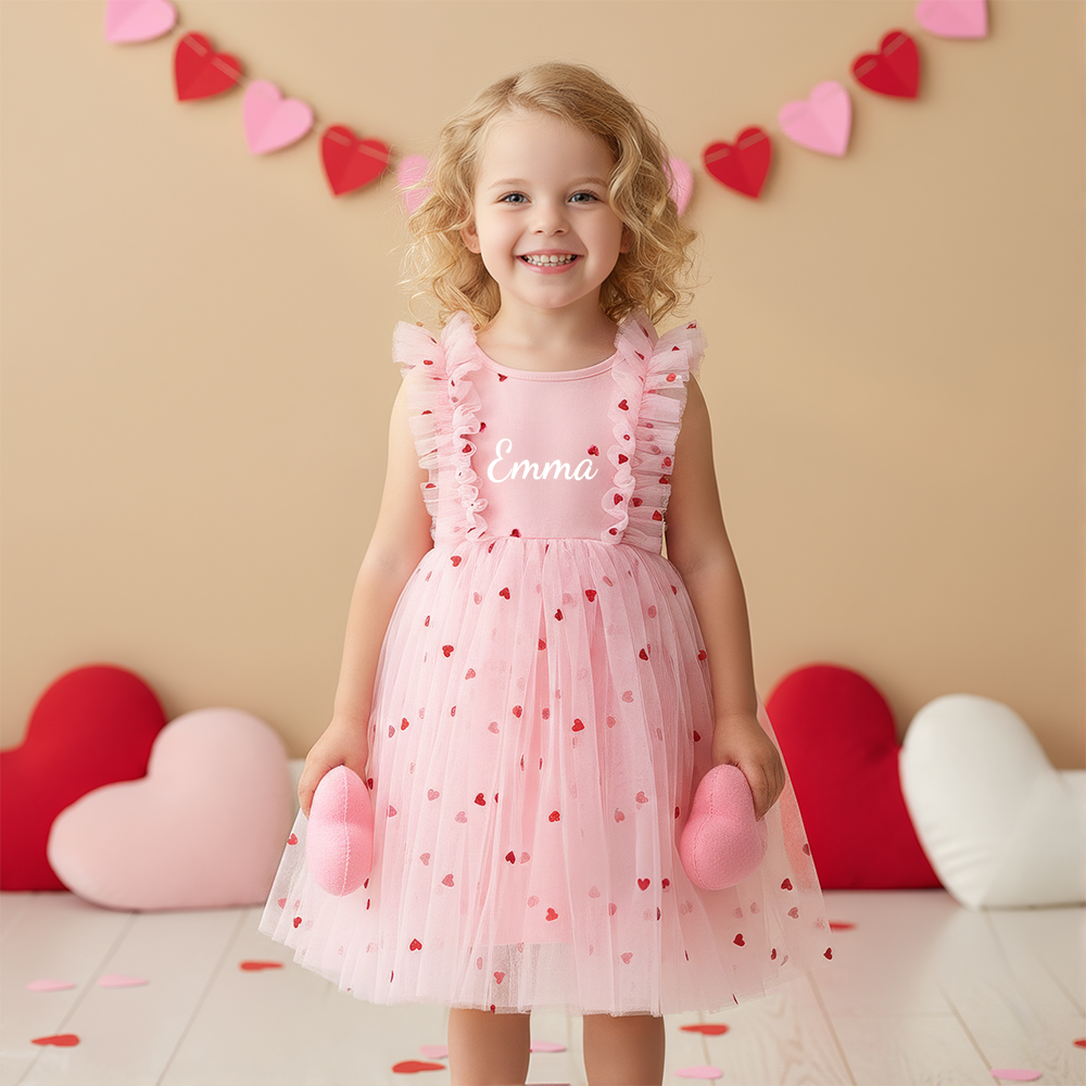Personalized Girl Valentine's Day Heart Mesh Dress| YESVa08