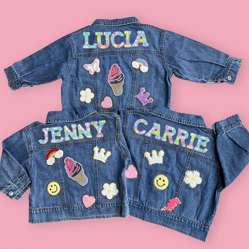 Personalized Kids Macaron Candy Color Beaded Letter Denim Jacket| Cloth165