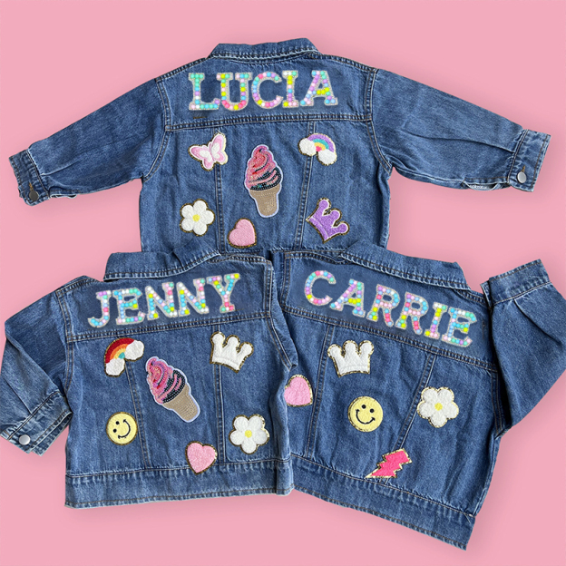 Personalized Kids Macaron Candy Color Beaded Letter Denim Jacket| Cloth165
