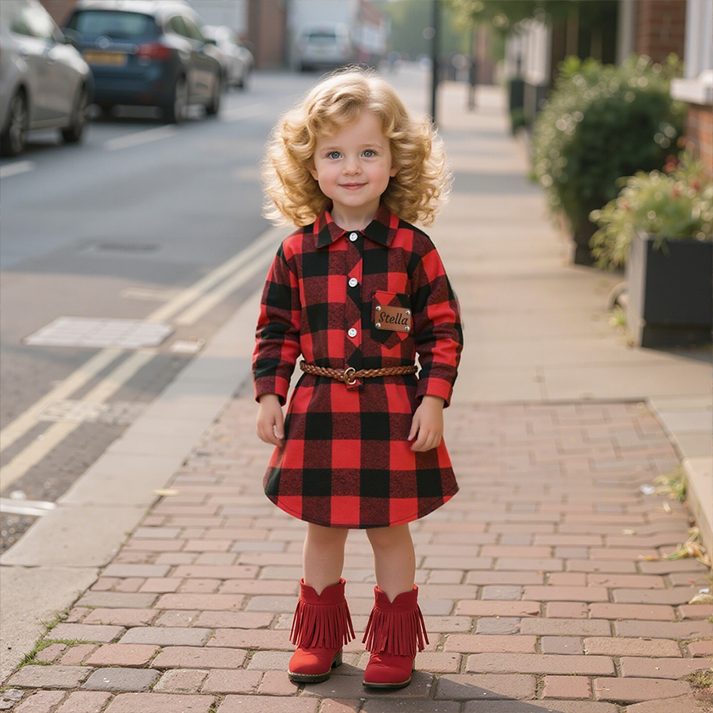 Personalized Girl Red Plaid Print Long Sleeves Shirt Dress With Belt| Cloth244