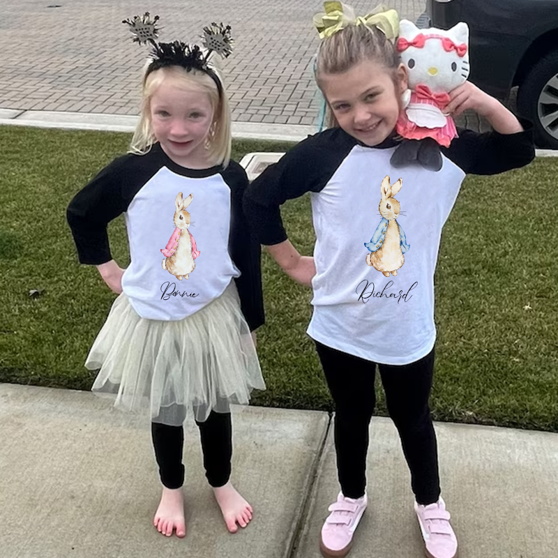 Personalized Kids Blue & Pink Rabbit Long Sleeves Shirt| Cloth132