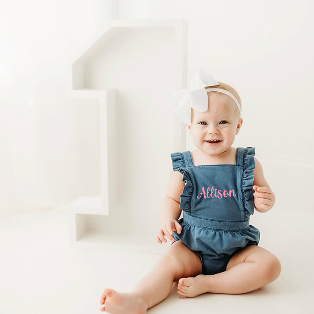 Personalized Baby Girl Ruffle Denim Blue Romper| BBCloth94