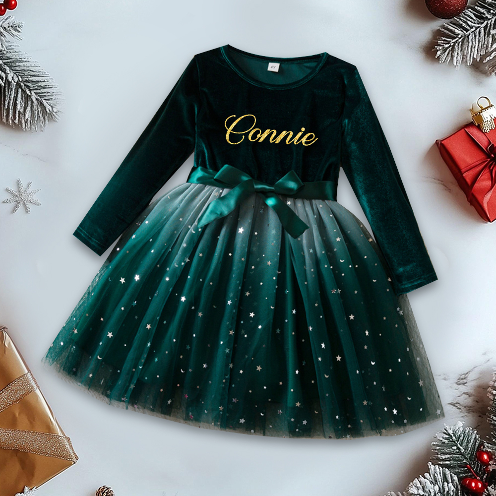 Personalized Christmas Girl Bow Star Mesh Party Dress|YESMC10