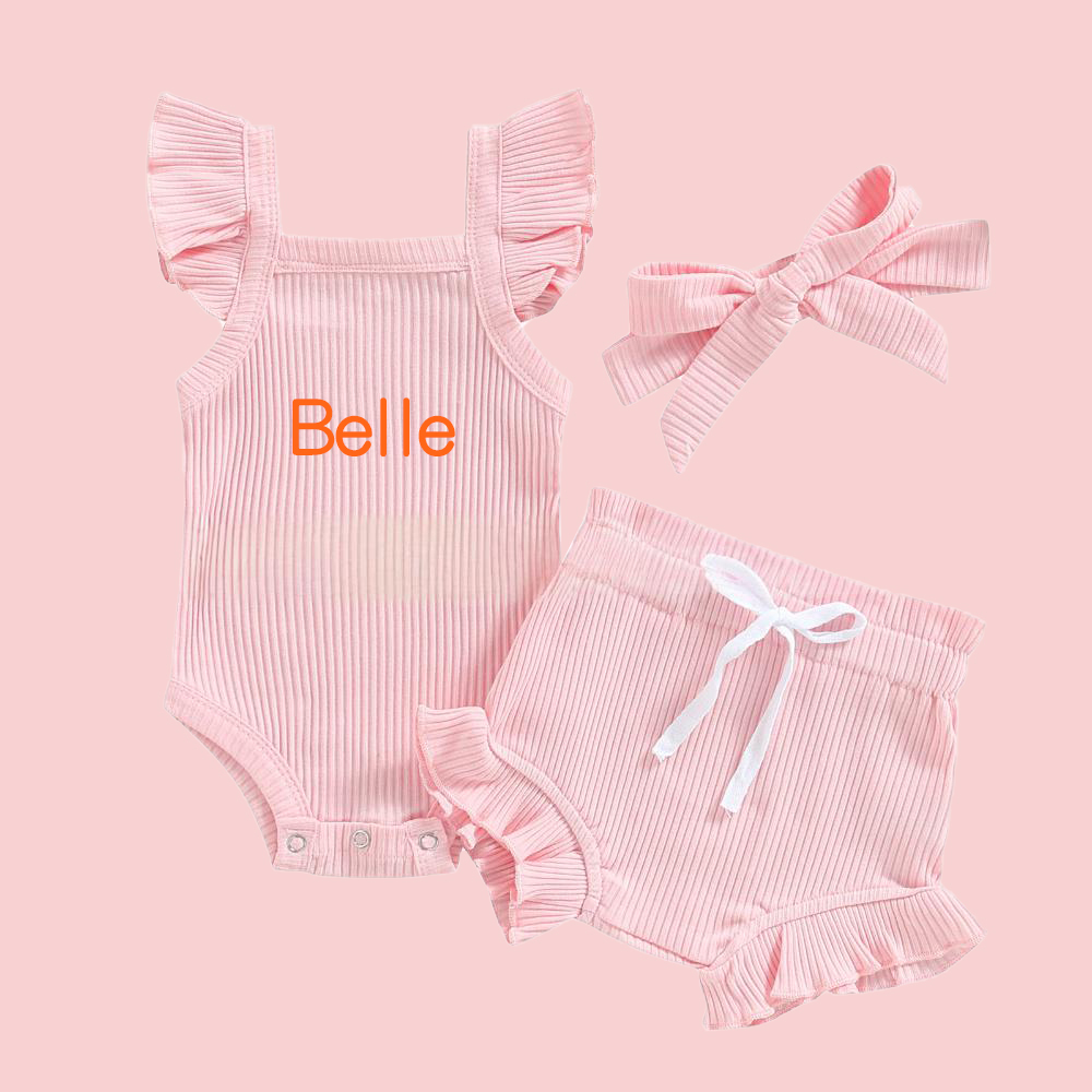Personalized 3PCS Baby Girl Causal Ribbed Bodysuit Set| BBCloth91