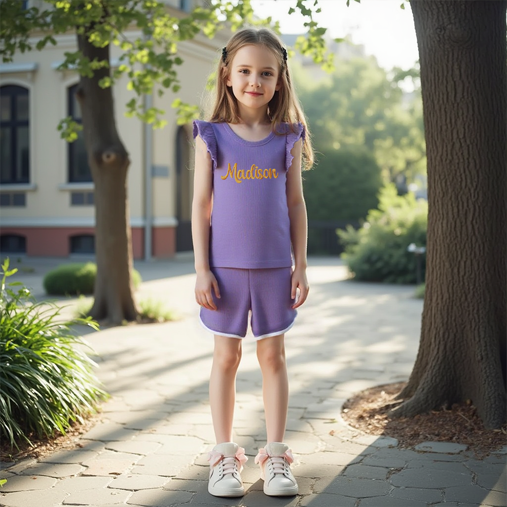 ]Personalized Girl Summer Ruffle T-Shirt and Shorts Set| Cloth233