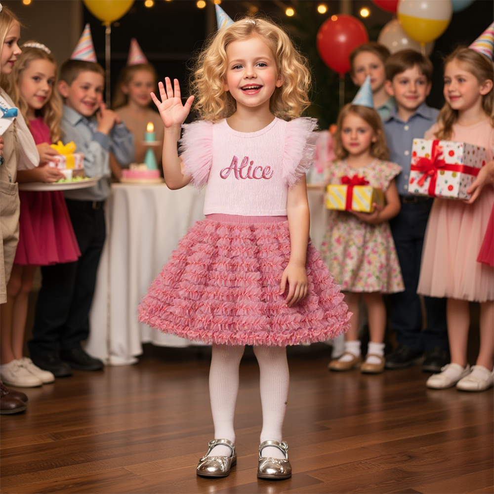 Personalized Girl Embroidered Ruffle Flutter Sleeve Tutu Set| Cloth237