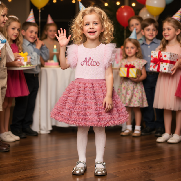 Personalized Girl Embroidered Ruffle Flutter Sleeve Tutu Set| Cloth237