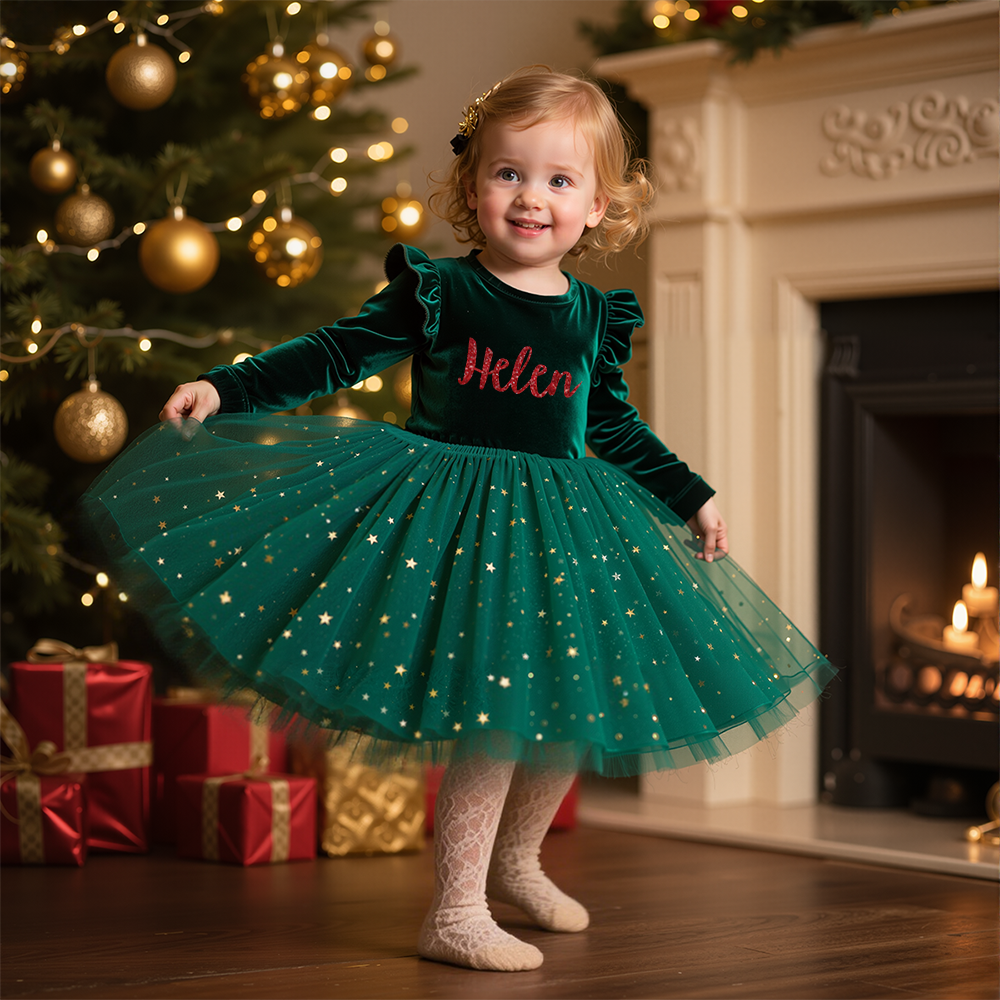 Personalized Girl Christmas Star Sequin Tulle Dress|YESMC05