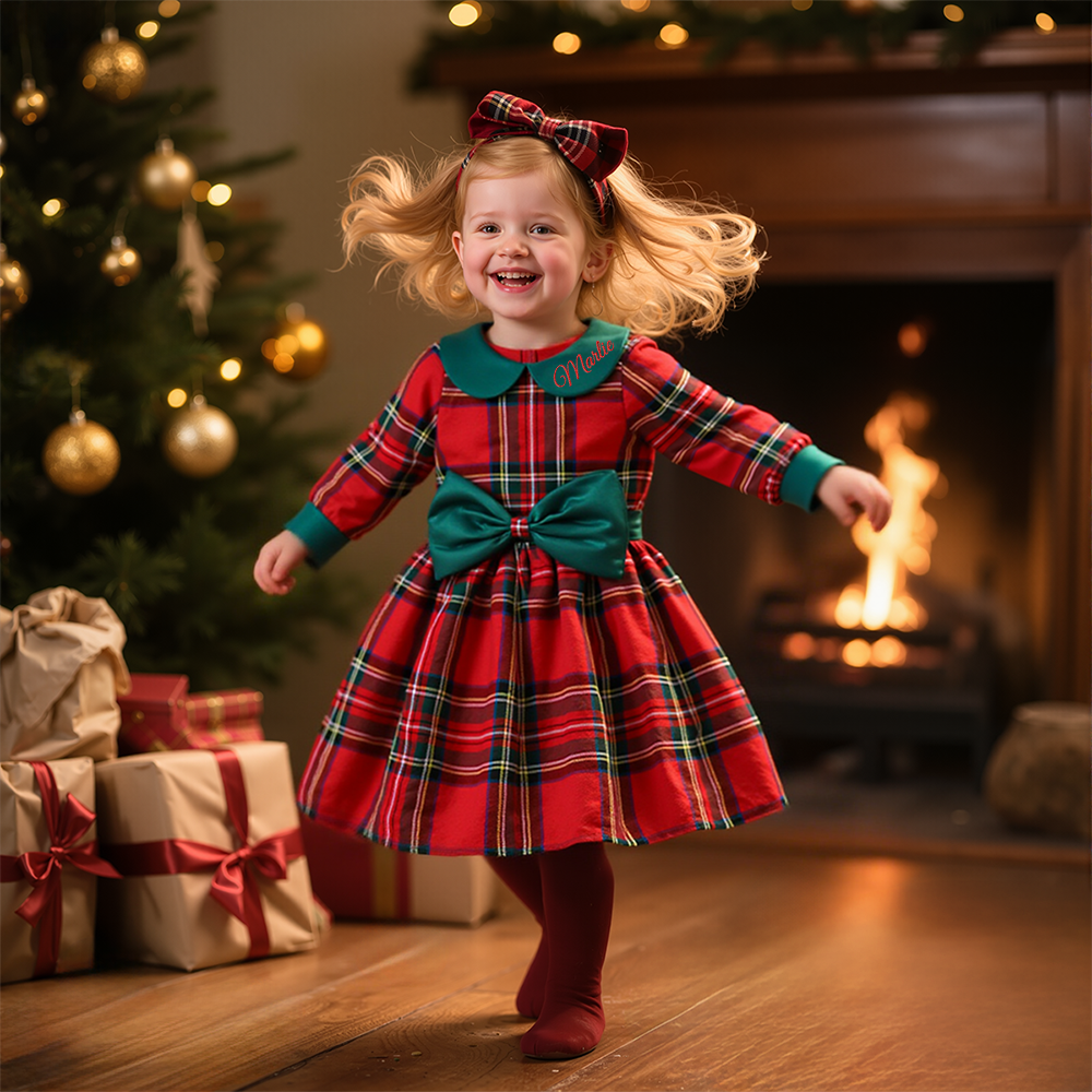 Personalized Girl Christmas Big Bow Doll Collar Dress|YESMC06