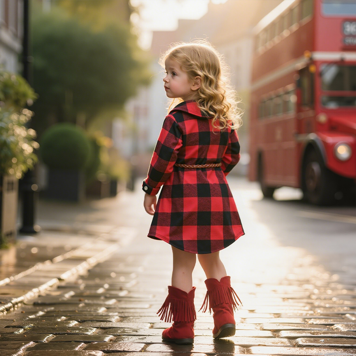 Personalized Girl Red Plaid Print Long Sleeves Shirt Dress With Belt| Cloth244