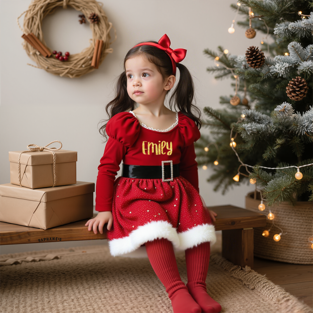 Personalized Christmas Girl Bow With Puff Sleeve Star Mesh Dress|YESMC08
