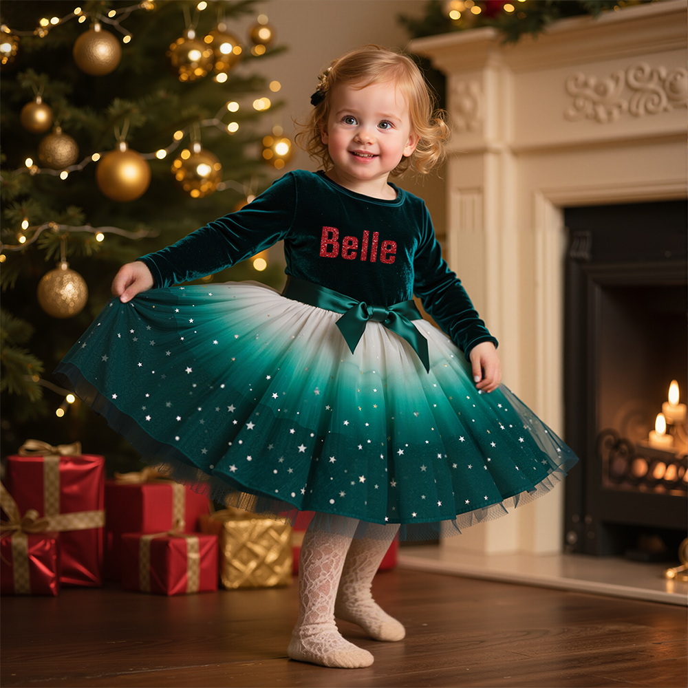 Personalized Christmas Girl Bow Star Mesh Party Dress|YESMC10