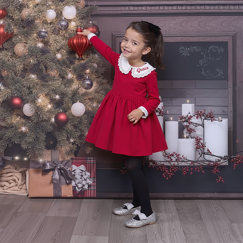 Personalized Christmas Girl Elegant White Doll Collar Dress|YESMC09