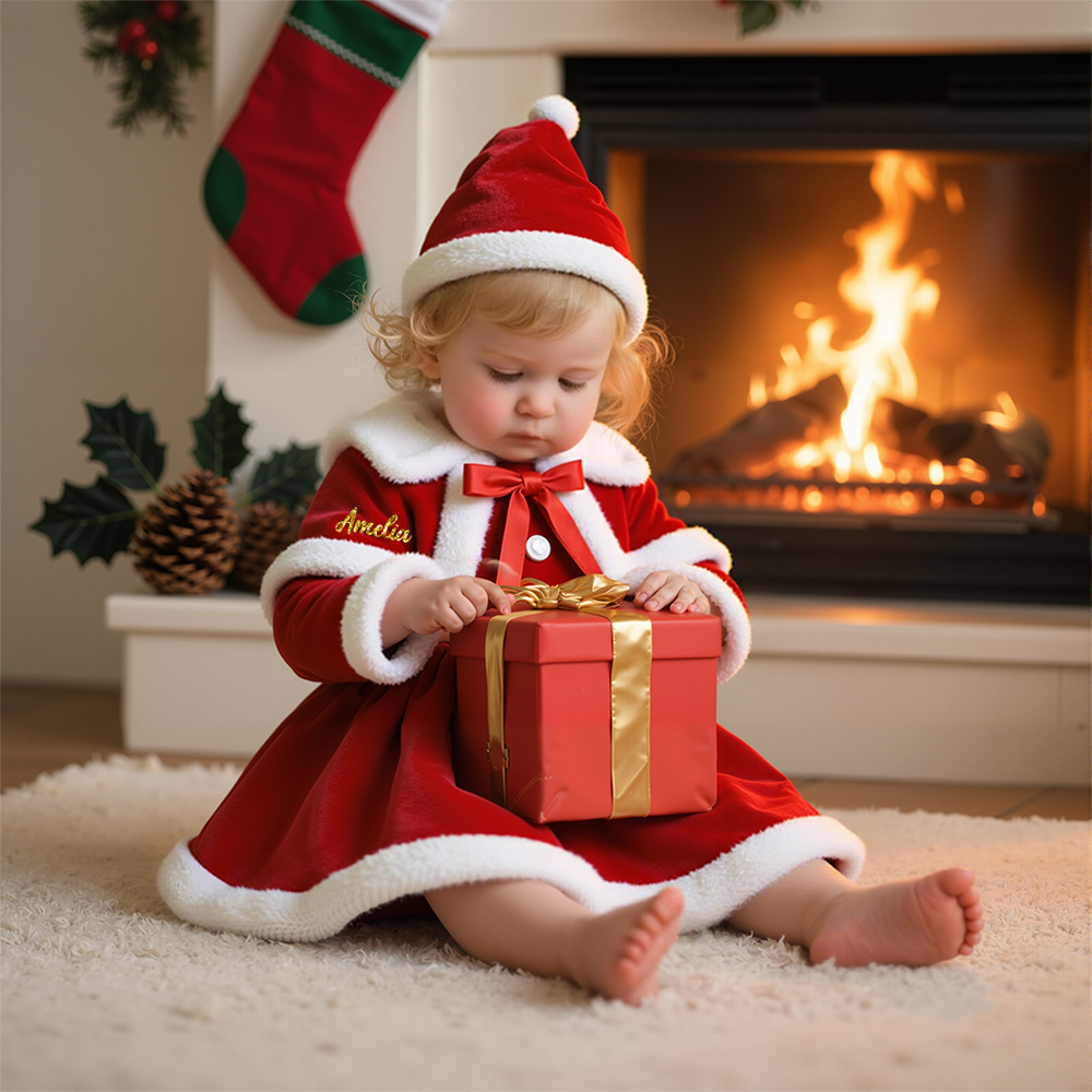 Personalized Girl Christmas Dress Set with Cape & Santa HatYESMC14