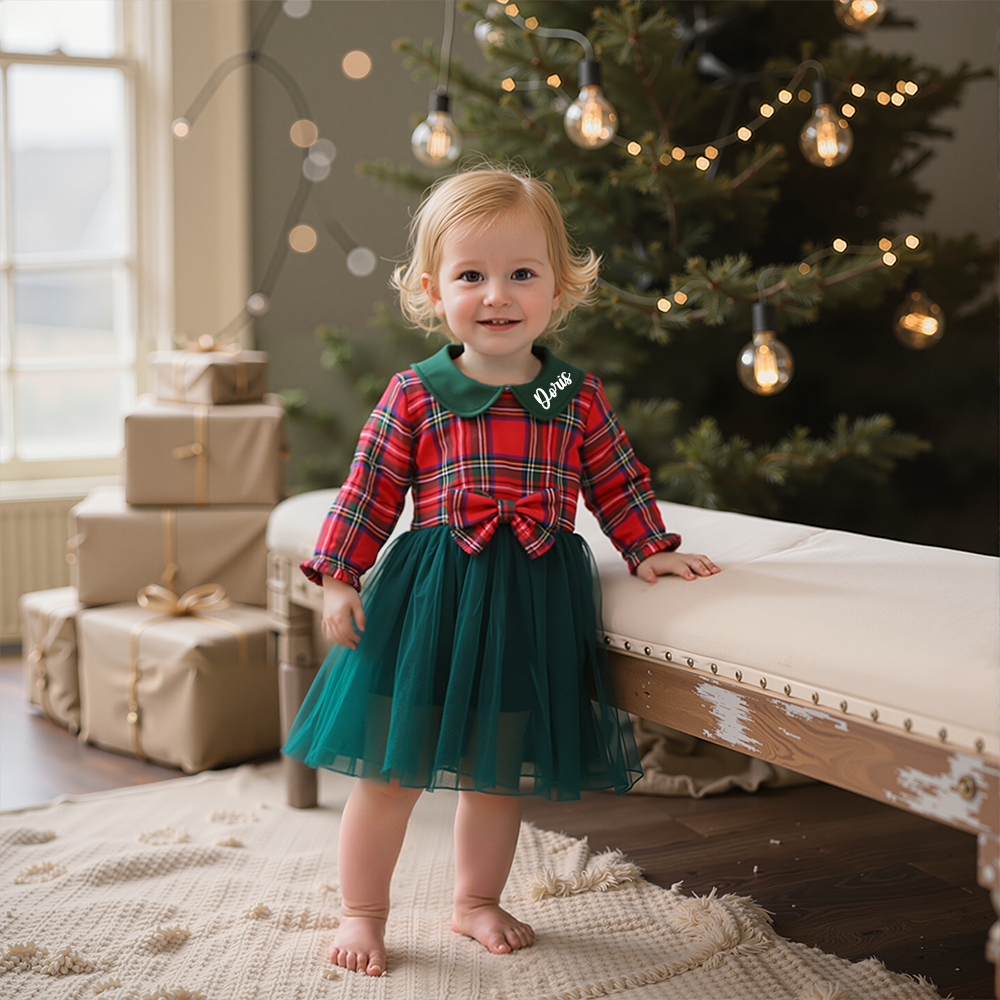 Personalized Girl Christmas Mesh Bowknot Dress|YESMC15