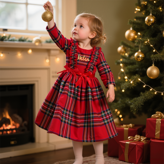Personalized Girl Red Plaid Christmas Dress Set with Headband|YESMC18