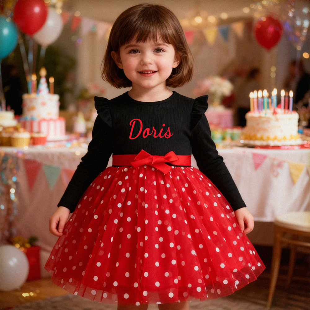 Personalized Girl Polka Dot Tulle with Bow Dress| Dress32