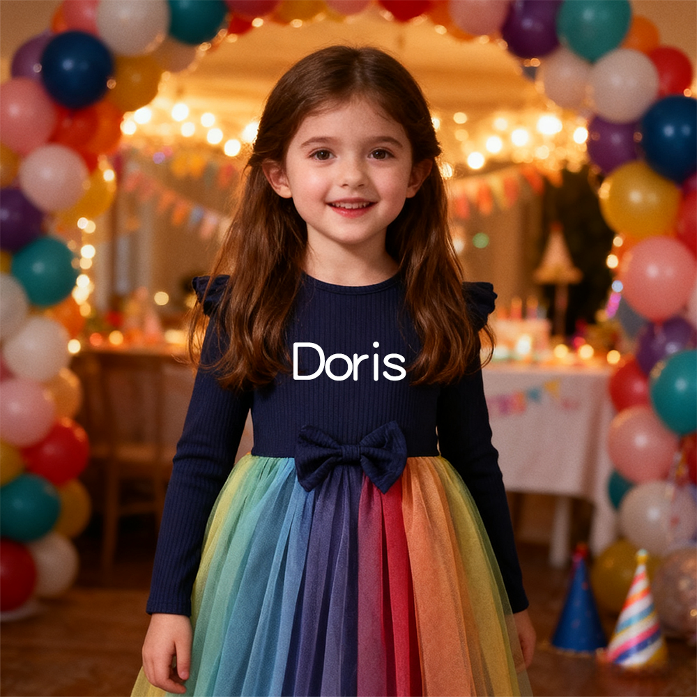 Personalized Girl Rainbow Mesk Dress| Dress34