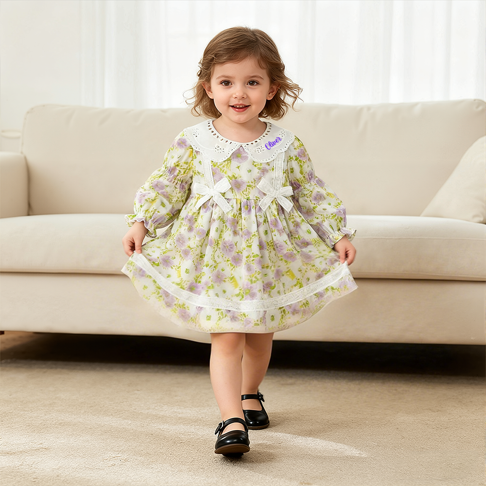 Personalized Girl Long Sleeve Floral Dress| Dress35