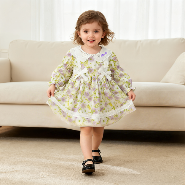Personalized Girl Long Sleeve Floral Dress| Dress35