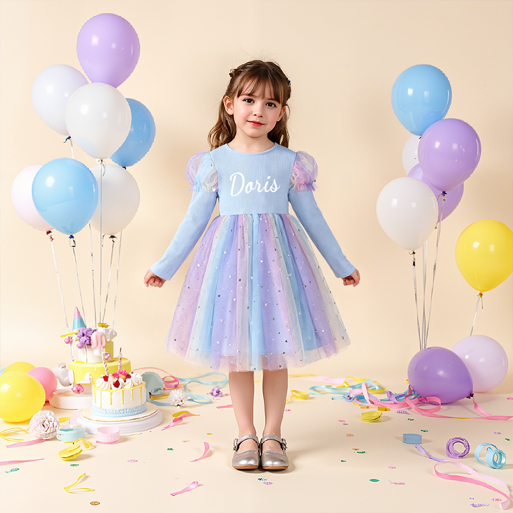 Personalized Girl Long Sleeve Blue Tulle Dress| Dress38