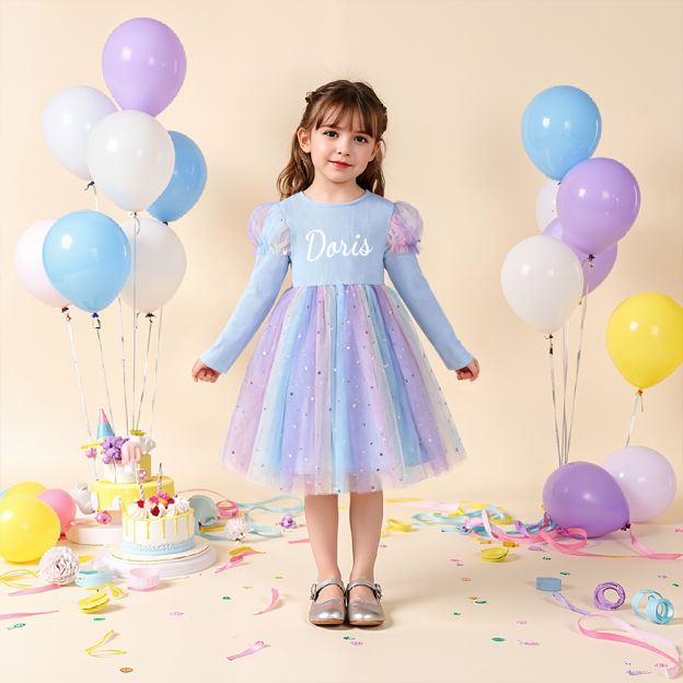 Personalized Girl Long Sleeve Blue Tulle Dress| Dress38