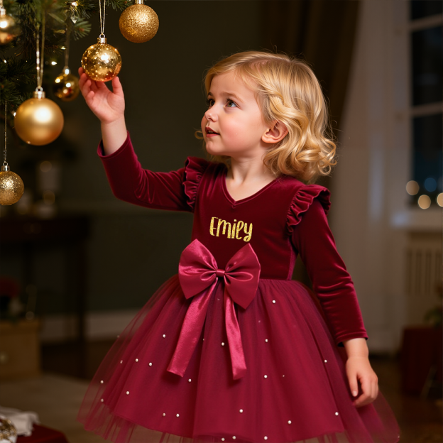 Personalized Girl Christmas Bow Red Tulle Dress| YESMC27